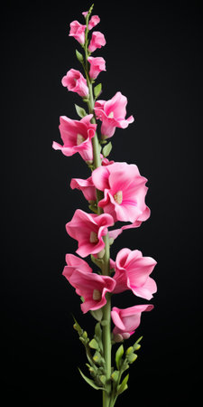 pink foxgloves bloom in spring against a black background in this stock photography. the image showcases the minimalist sculptor style of zbrush, featuring hyper-realistic ceramic sculptures rendered in cinema4d. the smooth curves and photorealistic compositions create a visually captivating scene. ai generatedの素材