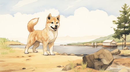 a cartoonish dog drawing by jeremy foreman, inspired by the style of hasui kawase. this playful artwork showcases beach portraits with a character design reminiscent of ken sugimori and win aaltonen. the painting is rendered in stunning 8k resolution, capturing the vibrant colors of light amber and silver. ai generatedの素材