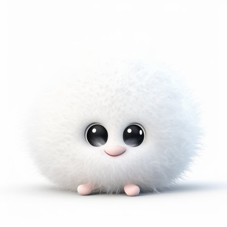 a fluffy ball with big eyes sits on a white background, showcasing inventive character designs inspired by artists such as joel robison, nobuo sekine, and miki asai. the image captures the essence of luminous sfumato and ambient occlusion techniques, reminiscent of the atmospheric world of frostpunk. ai generatedの素材