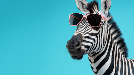 a zebra wearing sunglasses stands out against a vibrant blue background. this innovative composition combines elements of advertising-inspired design with a socially minded message. the soft-focus technique adds a dreamy quality to the image, while the global mash-up theme is evident in the zebra's sunglasses. solarization enhances the overall effect, resulting in a visually striking and colorful photograph. ai generatedの素材