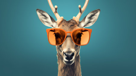 a deer wearing sunglasses stands against a vibrant blue background. this visually captivating image combines narrative-driven storytelling with elements of color splash, incorporating shades of orange and brown. the post-internet aesthetics and innovative techniques used in this uhd image create a unique and captivating visual experience, embracing the emerging trend of selkiecore. ai generatedの素材