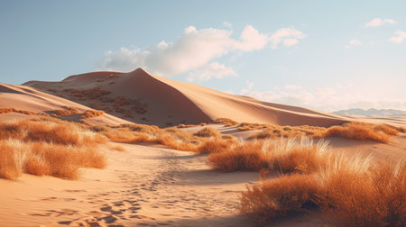 a desert landscape with sandy mountains under a cloudy sky, captured in the style of uhd image. this highly detailed photograph showcases the delicate foliage and soft, dreamy landscapes. the tilt-shift effect adds a unique touch to the scene, while the use of a nikon fm2 camera ensures exceptional quality. a stunning sunrise or sunset enhances the beauty of this desert scenery. ai generatedの素材