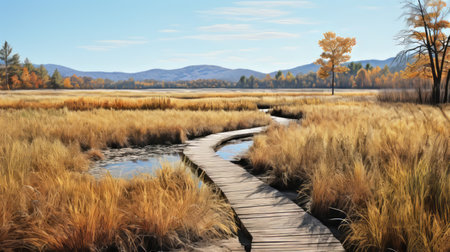 a mesmerizing photograph captures a stunning wetland hiking trail, adorned with vibrant hues of yellow, blue, pink, and black. the strong shadows cast by the golden light add depth and intrigue to the scene. this pastel-colored, poetcore-inspired image showcases an award-winning illustration with high quality and intricate details. shot with a zoom lens and the iconic ferrania p30 film, it evokes the artistic styles ofの素材