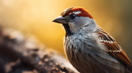 a stunning photograph of a sparrow bird perched at sunset. this photorealistic wallpaper captures the intricate details of the bird's feathers, with a beautiful contrast of dark white and light red hues. the soft lighting adds a touch of elegance to the portrait, while the shallow depth of field creates a captivating visual effect. created by talented photographers dusan djukaric and stephen shortridge, this 32kの素材