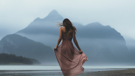 eva walks on the beach, mountains in the background, enveloped in mist. the image, inspired by laura makabresku's style, features fluffy and foreboding colors, soft focus, and ethereal light. her pensive pose evokes emotional complexity, while the dreamy ambiance adds a soft and ethereal touch. the realist portraiture style, with dreamy vignettes and light-filled qualities, gives the image a cinematic quality. ai generatedの素材