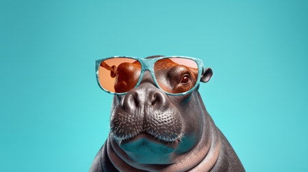 a hippo wearing sunglasses stands out against a vibrant blue background. this photorealistic fantasy portrait showcases innovative composition and contemporary portrait photography. the use of light cyan and orange adds a captivating touch. the manual focus lens captures the realistic lifelike details of the hippo, making it a perfect subject for editorial illustrations. ai generatedの素材
