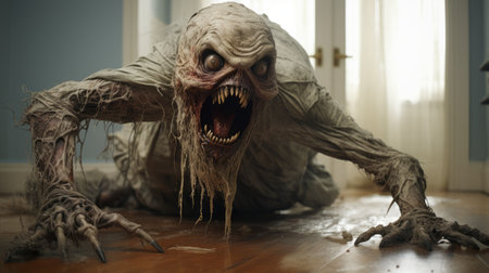 zombies lie scattered on the floor of the apartment, showcasing a unique blend of hybrid creature compositions. this photorealistic rendering, inspired by the weirdcore style and the works of ben wooten, prioritizes evoking emotions rather than focusing on realism. the zombies' appearance is marked by creased, crinkled, and wrinkled features, reminiscent of lovecraftian horrors. ai generatedの素材