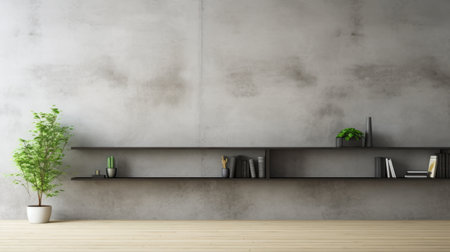 wood shelves on a concrete wall in a home interior concept. the shelves feature a blue plant, creating a stylish and modern ambiance. the photo showcases high-contrast shading and a dark silver color scheme. with elements of neo-concrete and the use of earth tones, this kitchen still life exudes a superflat aesthetic. ai generatedの素材