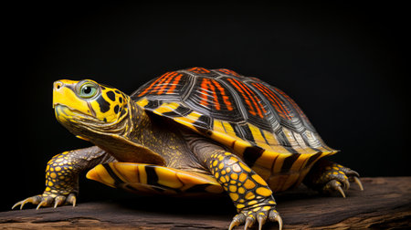 a spotted tortoise is captured on a wooden table in taylorville, showcasing vivid and saturated colors. the image features a dark orange and yellow color palette, achieved through long exposure. the bold colors and patterns of the tortoise's shell create a visually captivating narrative-driven visual storytelling. the composition is richly layered with dynamic lines, adding depth to the overall image. ai generatedの素材
