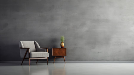 an empty room featuring a mid-century modern design with a couch, chair, and concrete wall. the room is adorned in a monochromatic palette of gray and bronze, showcasing minimalist and anti-clutter elements. the traditional yet highly polished surfaces add a touch of elegance to the space. this 8k image captures the essence of modern design. ai generatedの素材
