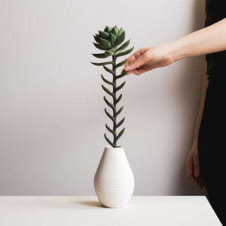 a female hand delicately holds a plant in a white vase, showcasing a captivating blend of balanced asymmetry and artistic play with scale. this unique piece of art draws inspiration from industrial and product design, resulting in a sharpprickly aesthetic. the matte photo beautifully captures the essence of collecting and different modes of display. ai generatedの素材