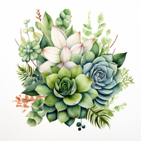 a watercolor painting featuring accurate and detailed plants and succulents against a white background. the painting showcases a symmetrical arrangement with light emerald and light brown hues. the artist has skillfully infused symbolism into the hyperrealistic fauna. the background elements are meticulously detailed, with hints of light navy and light green. ai generatedの素材