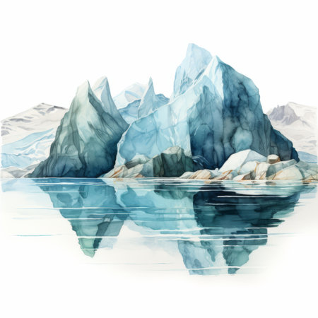 watercolor illustration of an iceberg in nwt, featuring photorealistic compositions with reflections and mirroring. the layered and atmospheric landscapes create a sense of depth, while the deconstructed elements add intrigue. the calming symmetry of the illustration enhances its visual appeal. ai generatedの素材
