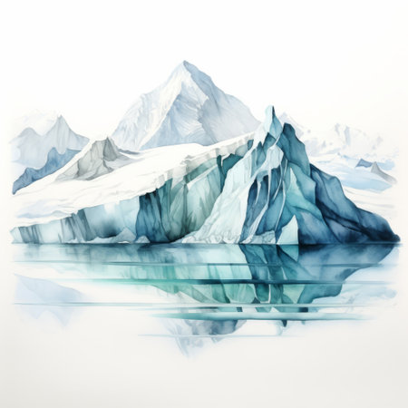 an iceberg, captured in a watercolor painting, showcases the photorealistic style of artist scarlett hooft graafland. the chromatic landscape, reminiscent of graphic illustration, exudes a calming symmetry. this isolated landscape, created by the talented artist patrick brown, mesmerizes with its intricate details and serene beauty. ai generatedの素材