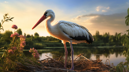 a bird perched on a nest by a pond during sunset, reminiscent of john wilhelm's style. the image showcases realistic animal portraits with a color palette of light white and light red. oleksandr bogomazov's influence is evident, capturing the beauty of exotic birds. the composition is enhanced with a combination of light white and navy tones, resulting in an ultra hd quality. ai generatedの素材