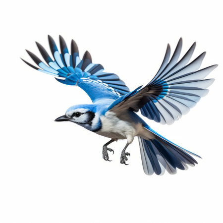blue jay art design illustration inspired by alastair magnaldo, featuring a lively movement portrayal on a white background. this photorealistic artwork showcases the accurate depiction of the blue jay, with a color palette of light cyan and black. reminiscent of a national geographic photo, this piece captures the essence of nature and wildlife, reminiscent of the style of kuzma petrov-vodkin. ai generatedの素材