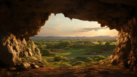 a cave in the southern countryside, captured in stunning 8k resolution by national geographic. sunlight streams out of the entrance, illuminating the detailed hunting scenes depicted on the cave walls. the pastoral landscape surrounding the cave is bathed in richly colored skies, transporting viewers back to the years between 500 and 1000 ce. ai generatedの素材