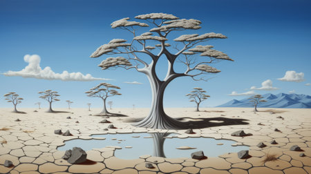 a stunning landscape illustration featuring a mountain and desert scene, with a prominent tree at its center. the artwork showcases organic biomorphic forms, hyper-realistic water, and chrome reflections. influenced by african art, the illustration is created using the grisaille technique and punctured canvases. captured with the zeiss milvus 25mm f/1.4 lens, this artwork beautifully captures the essence of nature and its intricate details. ai generatedの素材