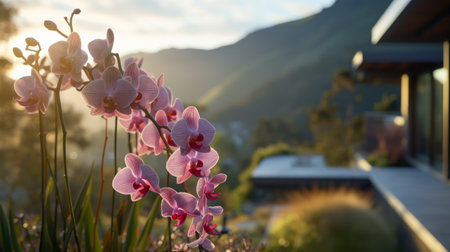 sleek hillside house design by olson kundig captured in this international style architecture photography. the close-up shot features a blurred orchid in the foreground, adding depth to the composition. shot in 8k from a cinematic perspective, the image showcases professional color grading, epic volumetric lighting, and sharp focus. taken with a sony alpha a7 iii camera and a sony fe 24-105mm f/4 g oss lens,の素材