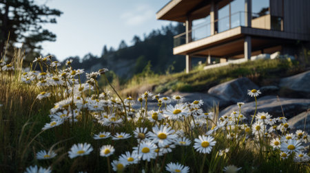 sleek hillside house design by olson kundig captured in a close-up shot, showcasing the intricate details of gothic architecture. a blurred daisy in the foreground adds a touch of natural beauty. shot in 8k resolution from a cinematic perspective, this photograph features professional color grading, epic volumetric lighting, and sharp focus. taken with a sony alpha a7 iii camera and a sony fe 24-105mm f/4の素材