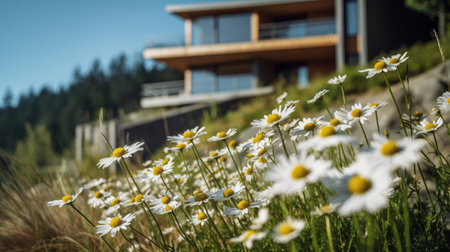 gothic architecture photography of sleek hillside house design by olson kundig. close-up shot of a blurred daisy in the foreground. shot from a movie, with a cinema composition style. professional color grading enhances the epic volumetric lighting. the image is captured with a sony alpha a7 iii camera and a sony fe 24-105mm f/4 g oss lens, resulting in sharp focus and film grain. theの素材