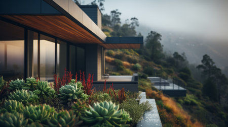 art deco architecture photography of sleek hillside house design by olson kundig. close-up of a blurred succulent in the foreground adds depth to the composition. shot in 8k from a cinematic perspective, with professional color grading and epic volumetric lighting. the sharp focus, film grain, and atmospheric ambiance enhance the overall aesthetic. captured using a sony alpha a7 iii camera with a sony fe 24-105mmの素材