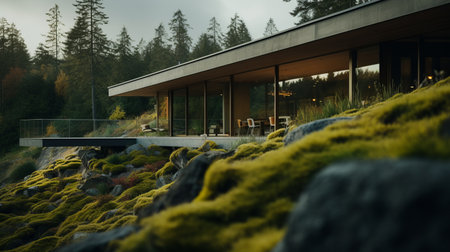 minimalist architecture photography of a sleek hillside house design by olson kundig. the close-up shot captures the blurred moss in the foreground, adding a touch of nature to the composition. shot in 8k from a cinematic perspective, the image showcases professional color grading, epic volumetric lighting, and sharp focus. taken with a sony alpha a7 iii camera and a sony fe 24-105mm f/4 g ossの素材