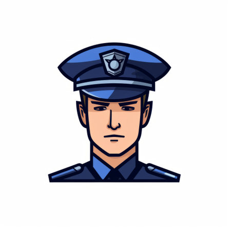 a police officer's face is showcased in a captivating vector illustration, featuring charming character designs with a rough-edged 2d animation style. the illustration draws inspiration from anime, incorporating bold color fields, chinese iconography, and a striking combination of light cyan and navy hues. the character is outlined boldly, adding depth and visual appeal to the artwork. ai generatedの素材