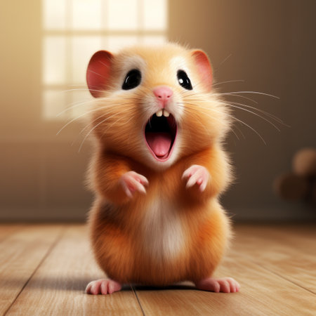 a fluffy brown hamster sits on a wood floor, radiating animated exuberance. the photo captures the emotional expressions of the hamster, with cheerful colors reminiscent of joel robison's style. the composition evokes the artistic influences of reuben nakian, while the use of ray tracing adds depth and realism. this adorable hamster embodies the essence of "mommys on-the-phonecore.", ai generatedの素材