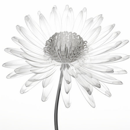 a clear flower with a transparent center is showcased on a white background. the image features a solarization style, with elements of light sculpture and realistic, hyper-detailed renderings. the mono-ha influence is evident, captured using the zeiss batis 18mm f28 lens. the overall design is minimalistic, enhanced digitally for a captivating visual effect. ai generatedの素材