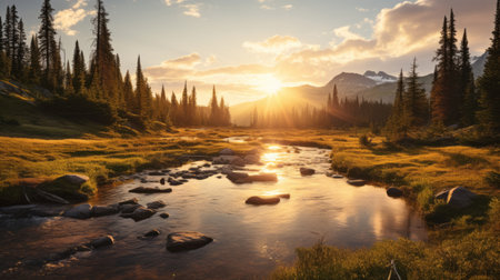 the photo showcases a stunning mountain scenery with majestic peaks and a picturesque landscape. it captures the beauty of sparkling water reflections and bathes the scene in golden light. this 32k uhd image is reminiscent of the artistic styles of filip hodas, george inness, and backlit photography, evoking a whistlerian ambiance. ai generatedの素材