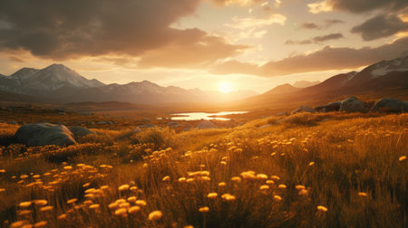 mountain side landscape: this stunning photo showcases the majestic mountains in a serene pastoral setting. shot on 70mm film, the yellow and amber hues of the mountains, created in the style of cryengine, merge with whimsical floral scenes, capturing the essence of nature. terragen software enhances the beauty of this picturesque landscape. ai generatedの素材