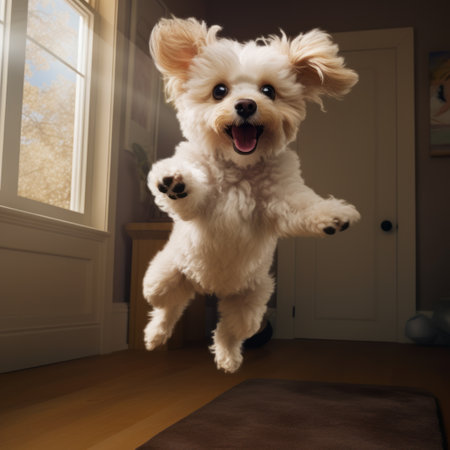 3d image of a happy poodle playing with owners on a sandy beach at sunset, ai generatedの素材