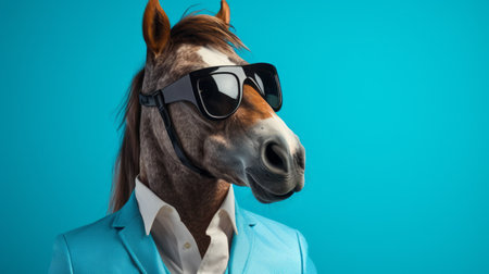 a horse wearing sunglasses and a blue coat stands out in this synthetist innovator-inspired photo. the softbox lighting enhances the hyper-realistic pop of orange and cyan colors. with a clever wit and sharp humor, this image captures the humorous tone of the horse's stylish ensemble. ai generatedの素材