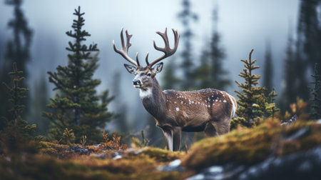 a captivating photo of canadian caribou in a bokeh-filled background, featuring an exquisite owl. the overcast weather adds a perfect touch to the lighting, enhancing the beauty of these majestic creatures. capture all the intricate details with a high resolution of at least 32k for an awe-inspiring shot. ai generatedの素材