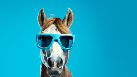 a horse wearing sunglasses poses against a blue background, reminiscent of john wilhelm's style. the image captures the hip hop aesthetics with a touch of charm. shot with a zeiss milvus 25mm f/1.4 ze lens, the close-up showcases the groovy and captivating character of the horse. the light turquoise and white colors add to the overall appeal of the photo. ai generatedの素材