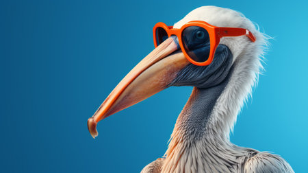 a white pelican wearing sunglasses, rendered in cinema4d with vibrant portraiture and vray tracing. the orange color adds a touch of b-movie aesthetics, while the sharp and clever humor shines through. the photo-realistic techniques used bring this unique concept to life. ai generatedの素材