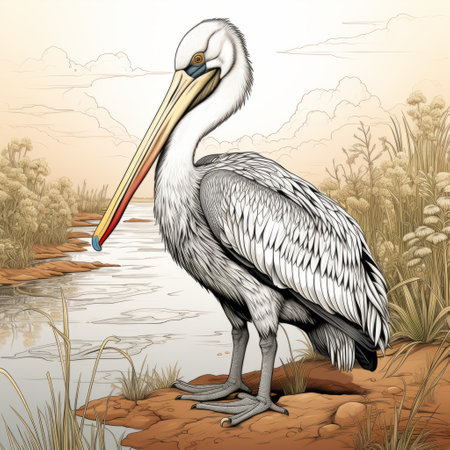 a pelican standing near water, depicted in the style of scientific illustrations. the artwork showcases detailed shading and a chromatic landscape. captured with a long lens, the traditional color scheme of light gray and beige enhances the hyper-detailed illustrations. ai generatedの素材