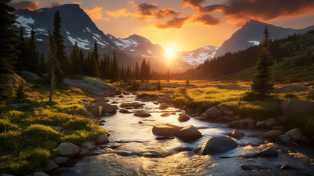 mountain lakes with a river flowing through them, captured in the style of golden light by michael komarck. the wilderness setting showcases lush landscape backgrounds, bathed in a combination of light black and orange hues. this picturesque scene exudes a pastoral charm reminiscent of the works of john salminen. ai generatedの素材