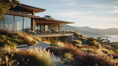 neoclassical architecture photography of sleek hillside house design by olson kundig. close-up shot of a blurred weed in the foreground adds depth to the composition. shot in 8k from a cinematic perspective, the image showcases professional color grading and epic volumetric lighting. the sharp focus, film grain, and atmospheric elements enhance the overall atmosphere. captured with a sony alpha a7 iii camera and a sonyの素材