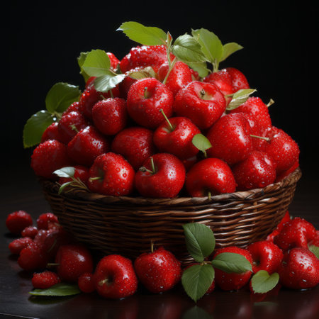 a wicker basket brimming with vibrant red apples and autumn leaves, showcased in a captivating dark composition. this photo features wet-on-wet blending techniques, reminiscent of webcore and larme kei styles. the color palette includes light red and silver hues, with delicate dotted details and a rim light effect. ai generatedの素材