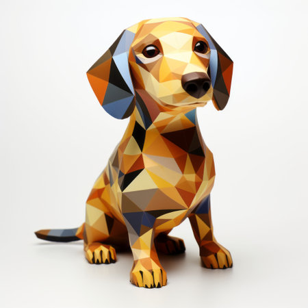 a dog is depicted in a vibrant and eye-catching manner, featuring geometric designs reminiscent of cinema4d renderings. the colorful caricature showcases a blend of realistic lifelike figures with a shiny, glossy finish. the design elements also draw inspiration from industrial and product design, resulting in a visually striking representation. the dog's light brown and yellow hues add to the realist lifelike accuracy of the artwork.の素材