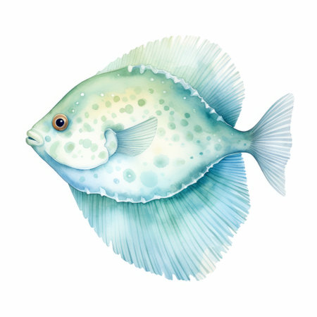 a green fish with blue fins and big eyes is depicted on a white background in this realistic watercolor painting. the intricate illustrations showcase the artist's skillful use of concise brushwork techniques. the colors used, such as dark aquamarine, beige, light azure, and crimson, add depth and vibrancy to the artwork. this captivating image was captured using a ricoh ff-9d camera. ai generatedの素材