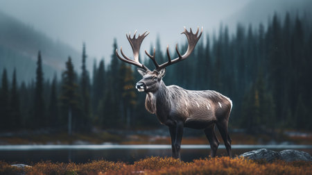 whale photo of canadian caribou in bokeh-filled background with perfect lighting. high resolution of 32k captures intricate details of majestic creatures. ai generatedの素材