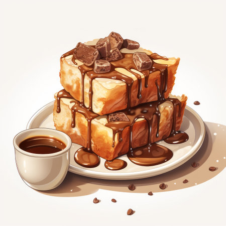 a plate with a one piece or sandwich is depicted in a painting by horia bernea. the artwork showcases fluid brushstrokes and a realistic perspective. the plate also features chocolate and milk coffee, adding a touch of indulgence. the composition includes metallic rectangles, creating an isometric and messy aesthetic. ai generatedの素材