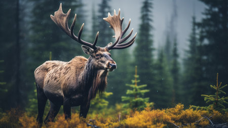 a breathtaking photo of canadian caribou in a bokeh-filled background, captured in stunning high resolution. the overcast weather adds a perfect touch to the lighting, highlighting the intricate details of these majestic creatures. ai generatedの素材