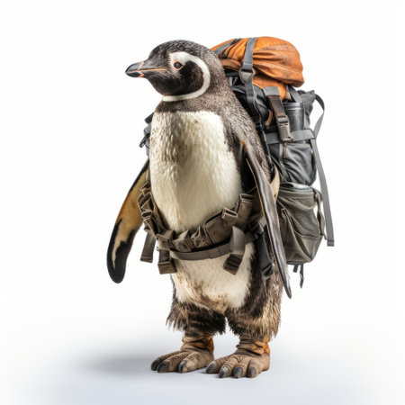 a penguin, adorned with a backpack and other equipment, stands alone on a white background. this hyperrealistic wildlife portrait captures the essence of vintage cinematic aesthetics, with romanticized depictions of the wilderness. the image showcases layered textures and shapes, reminiscent of a national geographic photo. the color palette features light orange and dark bronze tones, enhancing the detailed costumes of the penguin. ai generatedの素材