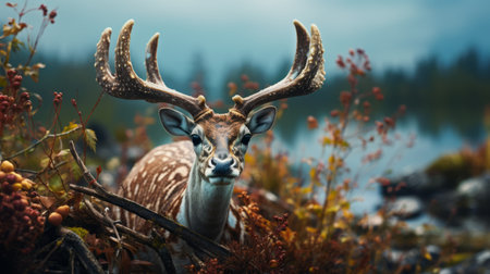 canadian caribou in bokeh-filled background, captured in stunning snake photo. overcast weather enhances lighting for perfect shot. aim for high resolution of 32k to capture intricate details of majestic creatures. ai generatedの素材