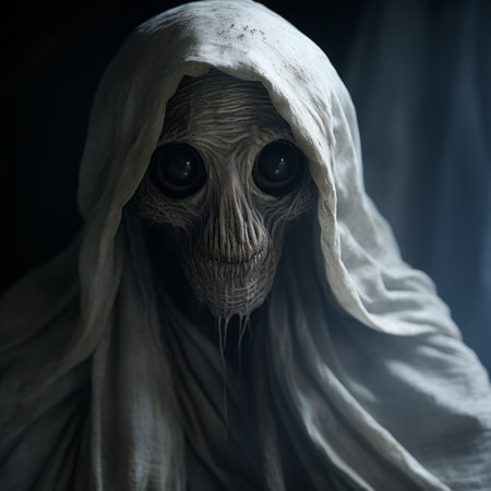 a bone-slumped, ethereal creature lurks behind a person in this eerie and captivating portrait. rendered in unreal engine, the firecore concept art showcases hidden meanings through its hauntingly draped figure. ai generatedの素材