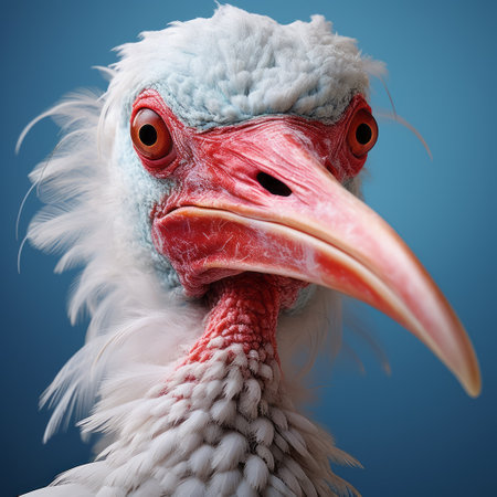 the right side of the bird's head showcases explosive pigmentation in the style of mike campau, werner herzog, matthias haker. the white and crimson colors create a punctuated caricature, with a low depth of field adding depth and focus to the image. ai generatedの素材